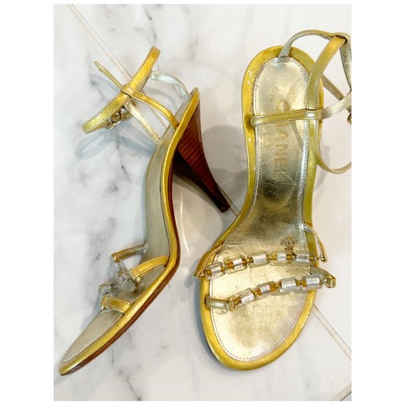 CHANEL Shoes - CHANEL Gold Metallic Leather Beads Sandal Shoes Sz 7